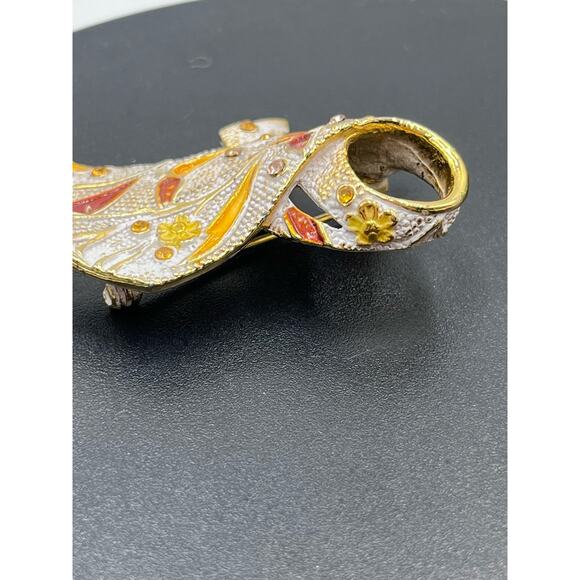 BSK Vintage Gold Tone Orange Yellow Enameled Flower Rhinestone Encrusted Brooch - Picture 4 of 13